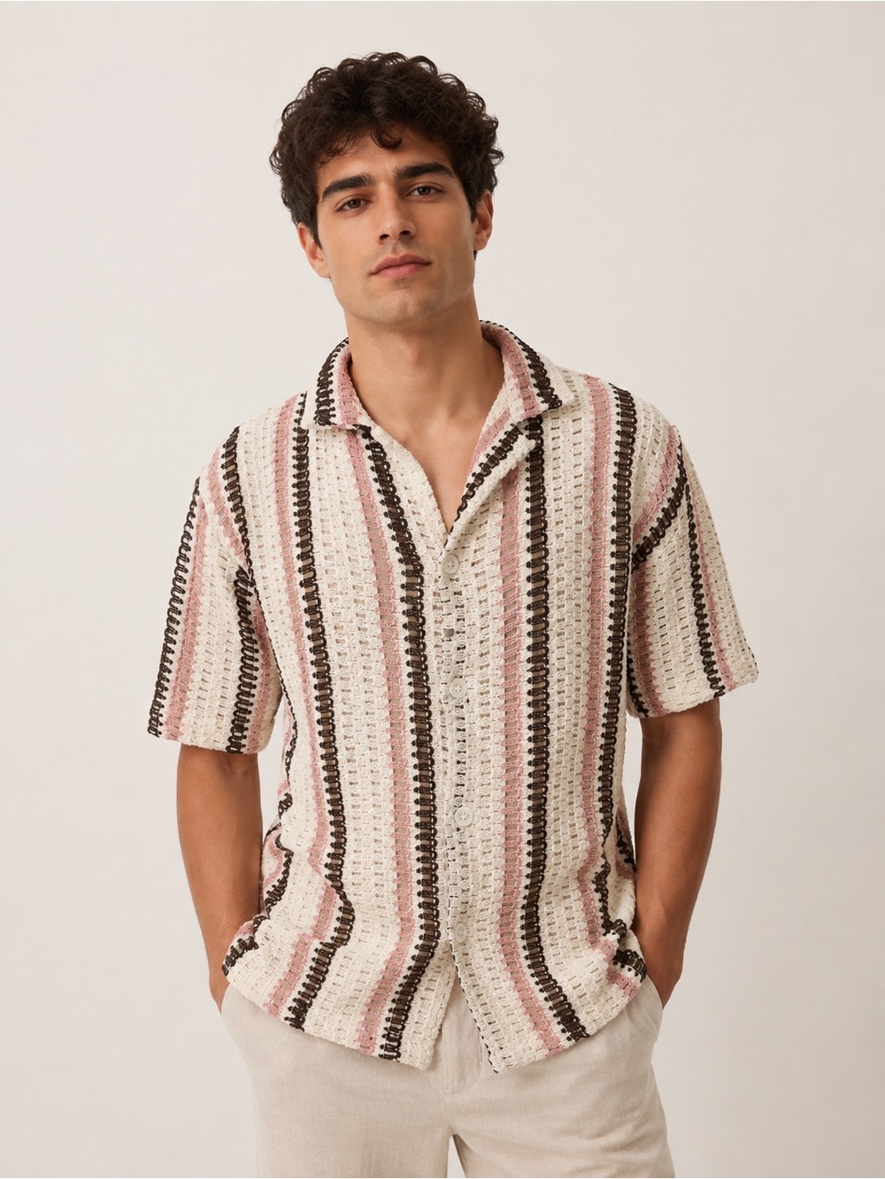 Pink, Brown & Cream Striped Knit Short-Sleeve Shirt